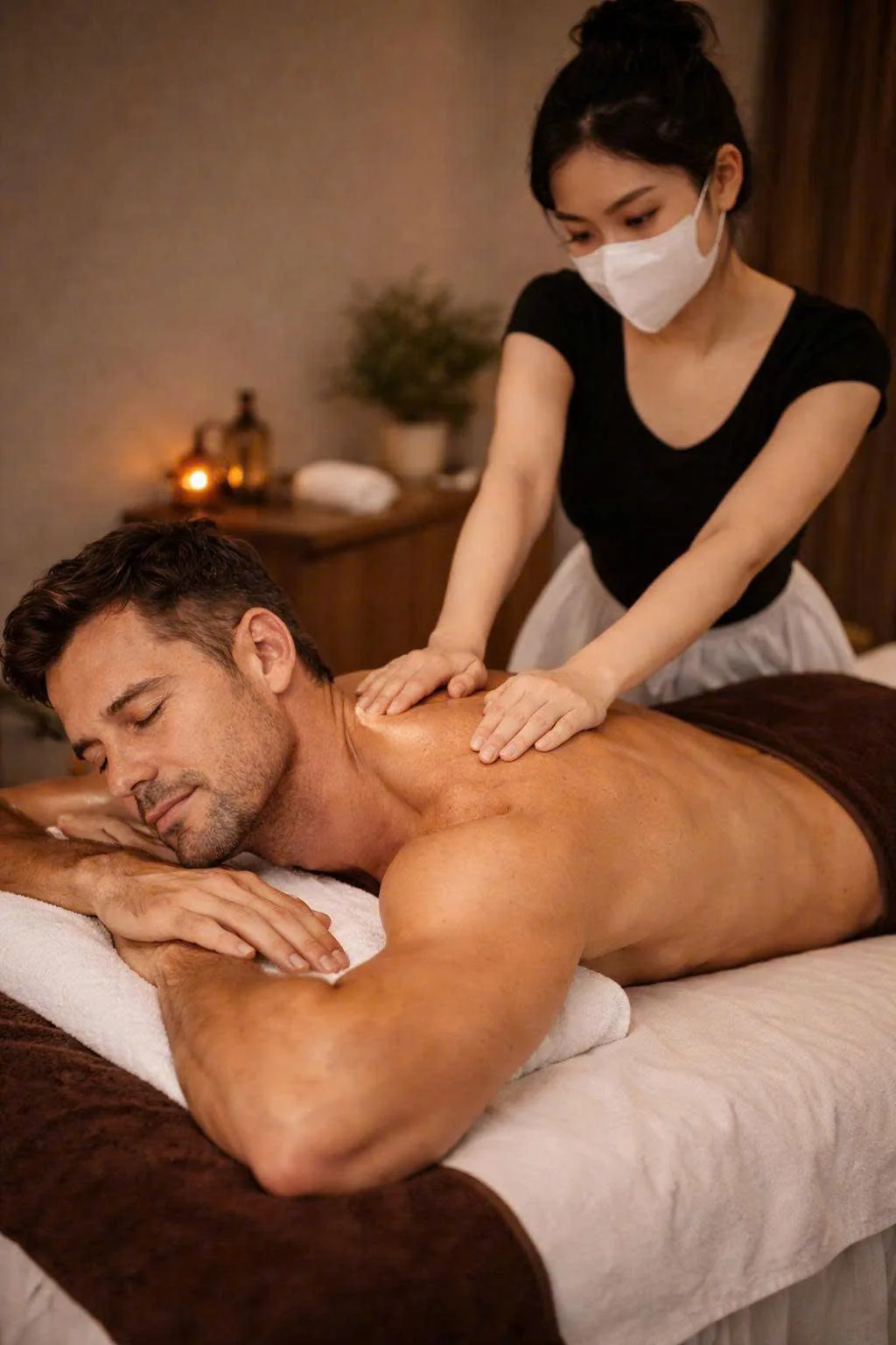 A therapist giving a guest a massage in the warm light of Apollo Spa