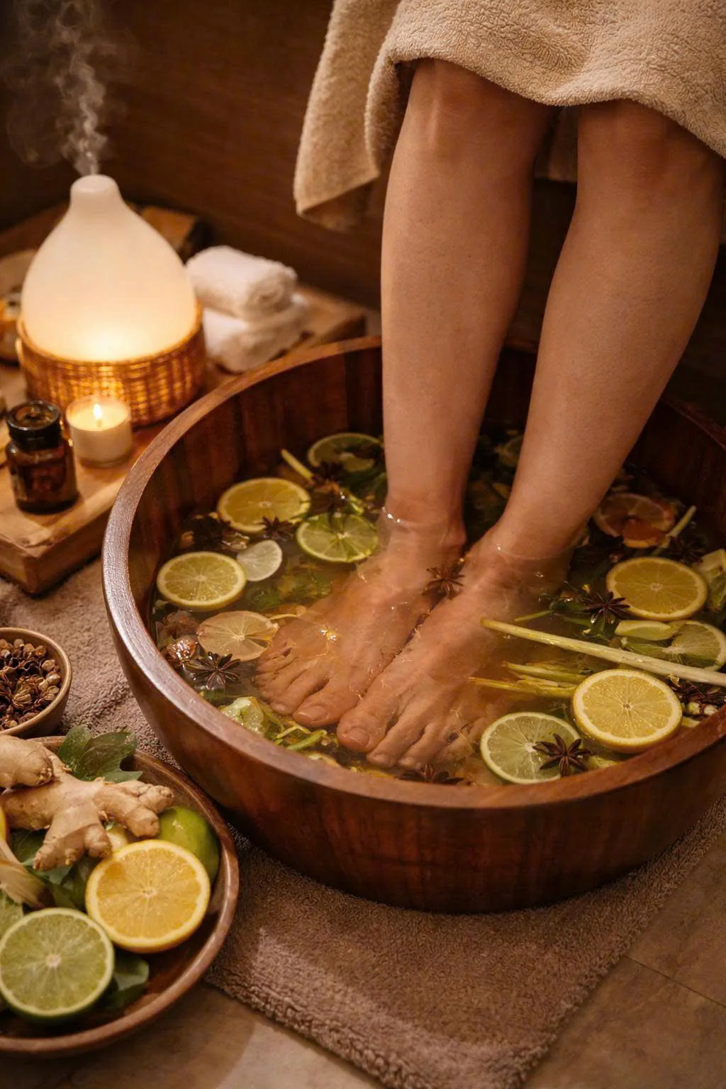 Citrus, ginger, and botanicals prepared for a warm foot ritual at Apollo Spa