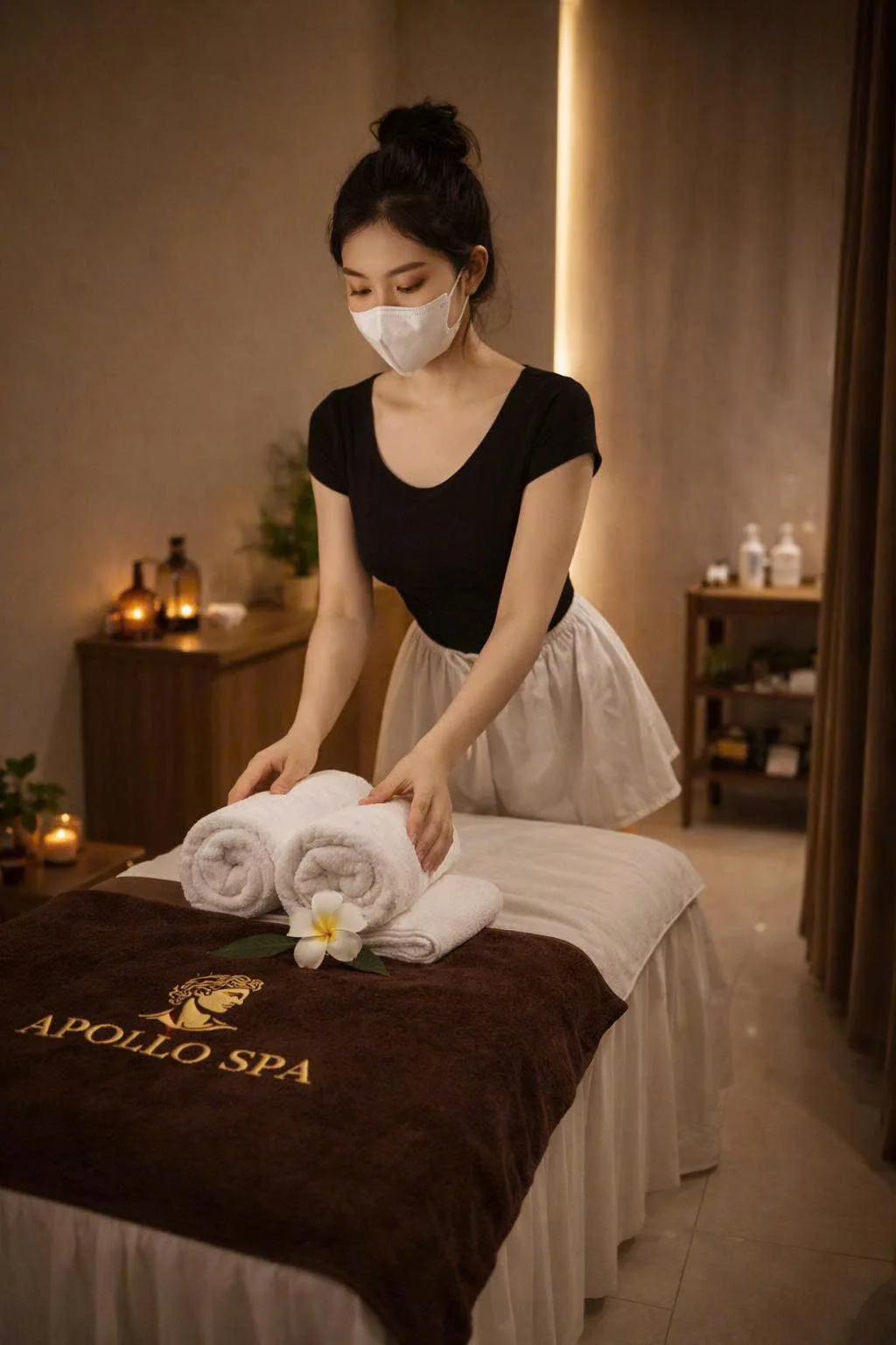 Fresh towels being prepared in an Apollo Spa treatment room